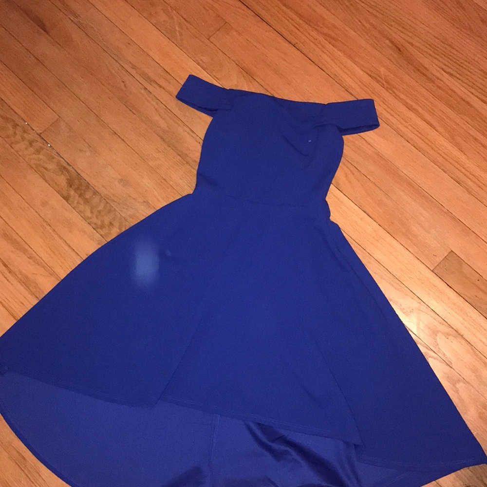 off the shoulder blue formal dress